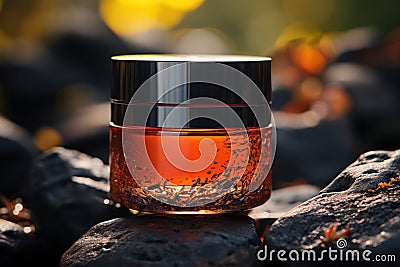 container for cosmetics on the background of a frozen volcanic lava Stock Photo