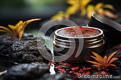 container for cosmetics on the background of a frozen volcanic lava Stock Photo