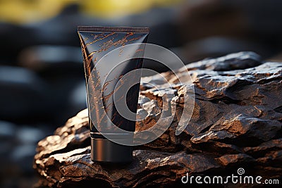 container for cosmetics on the background of a frozen volcanic lava Stock Photo