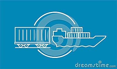 Container delivery by rail and water transport on barge icon. Shipping delivery transportation logistics. Vector Illustration