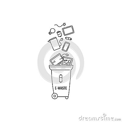 Container dumpster with e-waste electronic garbage sorting and recycling. Vector black white contour doodle isolated Vector Illustration