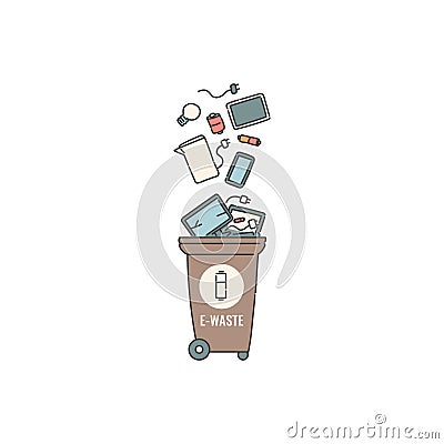 Container dumpster with e-waste electronic garbage sorting and recycling. Vector contour doodle isolated illustration. Vector Illustration