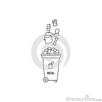 Container dumpster with metal garbage sorting and recycling. Vector contour black white doodle isolated illustration. Vector Illustration