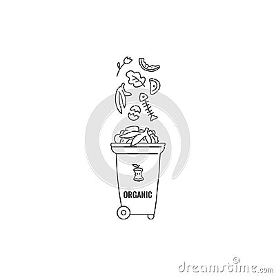 Container dumpster with organic leftovers garbage sorting and recycling. Vector black white contour doodle isolated Vector Illustration