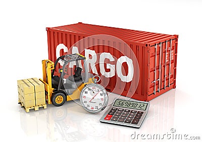 Container with forklift stacker loader holding cardboard boxes a Stock Photo