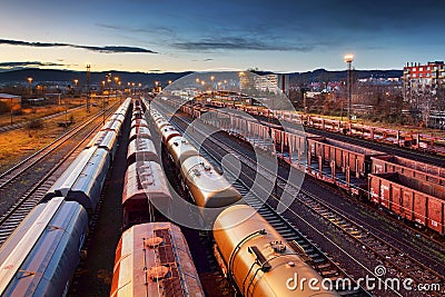 Container Freight Train in Station, Cargo railway transportation industry Stock Photo