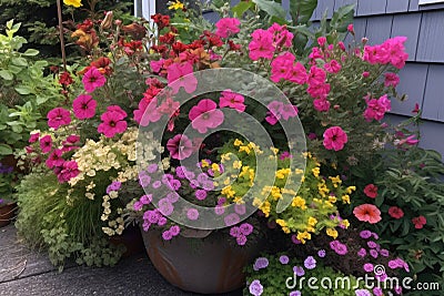 container garden overflowing with vibrant blooms Stock Photo
