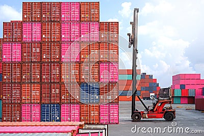 Container handlers and trucks In the loading and unloading yard Editorial Stock Photo