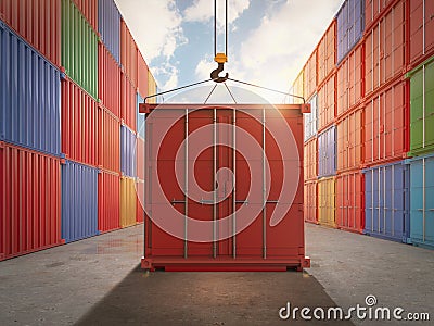 Container with hook at container port Stock Photo