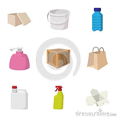 Container icons set, cartoon style Vector Illustration