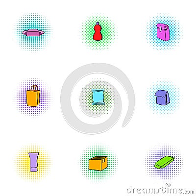 Container icons set, pop-art style Vector Illustration