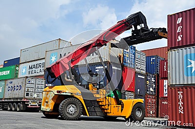 Container loading and unloading activities at Tanjung Priok port, Jakarta - Indonesia Editorial Stock Photo