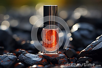 container for cosmetics on the background of a frozen volcanic lava Stock Photo