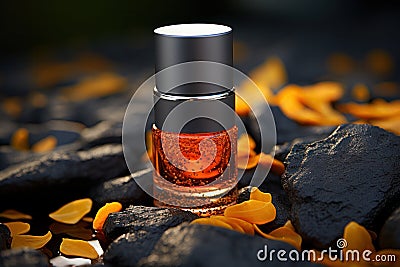 container for cosmetics on the background of a frozen volcanic lava Stock Photo
