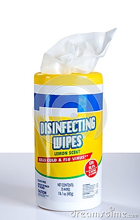 Container of Pull Out Sanitizing Wipes Stock Photo