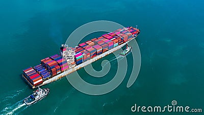 Container ship arriving in port, container ship and tug boat going to deep sea port, logistic business import export shipping and Stock Photo