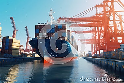 Container ship at the berth in cargo terminal of the port under loading. Port cranes load containers, place them in rows Cartoon Illustration