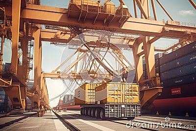 Container ship at the berth in cargo terminal of the port under loading. Port cranes load containers, a special vehicle Cartoon Illustration