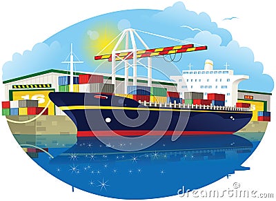 Container ship and dock crane Vector Illustration