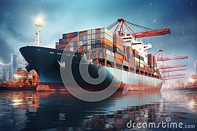 Container ship docked at a busy port. Generative AI Stock Photo