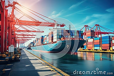 Container ship docked at a busy port. Generative AI Stock Photo