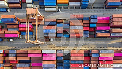 Container ship in export and import business and logistics. Shipping cargo to harbor by crane. Water transport International. Stock Photo