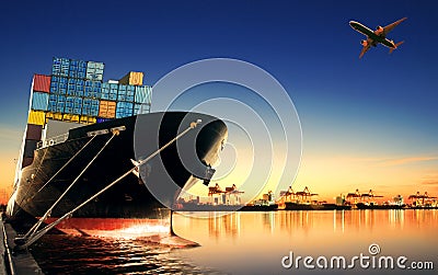 Container ship in import, export port against beautiful morning l Stock Photo