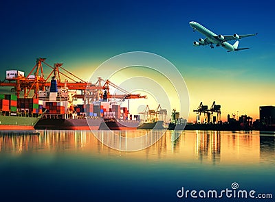 Container ship in import,export port against beautiful morning l Stock Photo