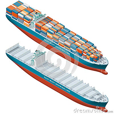 Container ship laden and empty, isometric icon set Vector Illustration