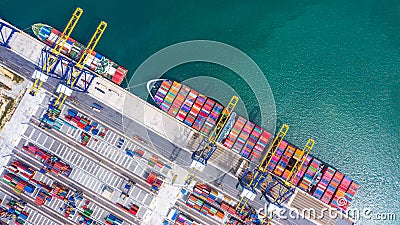 Container ship loading and unloading in deep sea port, Aerial top view of business logistic import and export freight Stock Photo