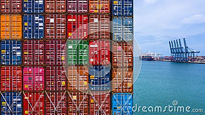 Container ship loading and unloading in deep sea port, Aerial top view of business logistic import and export freight Editorial Stock Photo