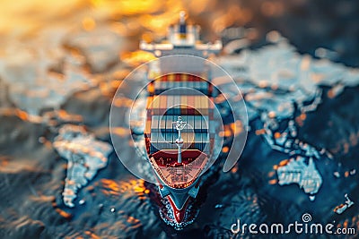 Container ship model on world map. Generative AI Stock Photo