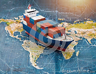 Container ship model on world map, transportation or globalization concept. Generated with AI Stock Photo