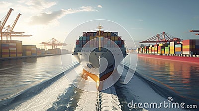 A container ship navigating through a busy port while adhering to strict speed limits and traffic regulations Stock Photo
