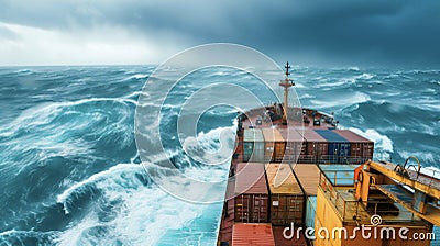 A container ship navigating through rough seas with crew members taking necessary safety precautions in accordance with Stock Photo
