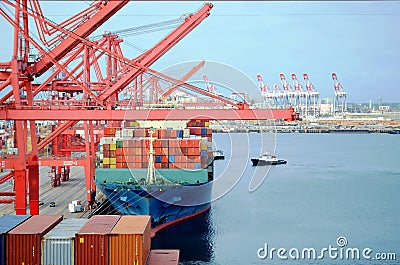 Container ship in port of Long Beach, California. Editorial Stock Photo