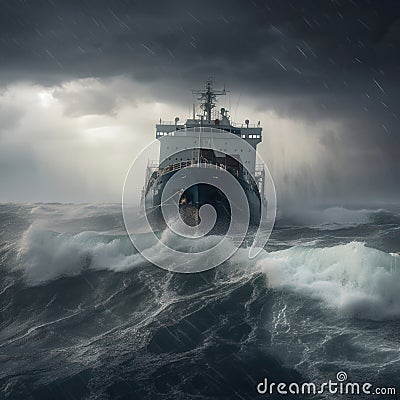 Container ship on stormy seas. Generative AI Stock Photo