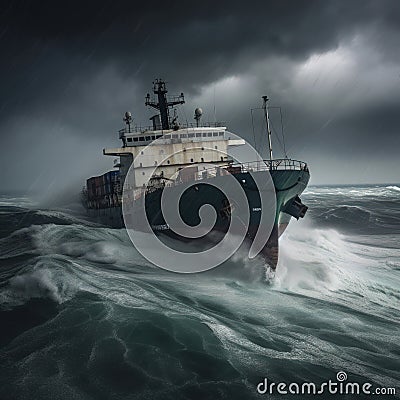 Container ship on stormy seas. Generative AI Stock Photo