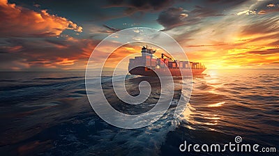 Container Ship at Sunset Ocean in the Style of Realism Stock Photo