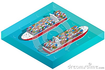 Container ship, Tanker or Cargo ship with containers icon. Flat 3d isometric high quality transport. Vehicles designed Vector Illustration