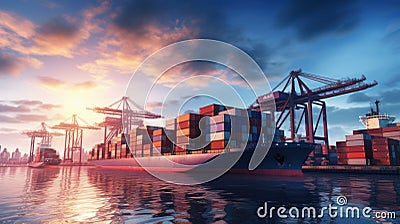Container ship transporting container boxes at an importexport dock with quay cranes Stock Photo