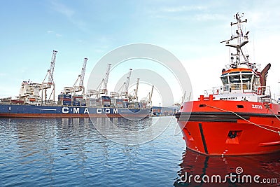 Container Ship Tugboat Editorial Stock Photo