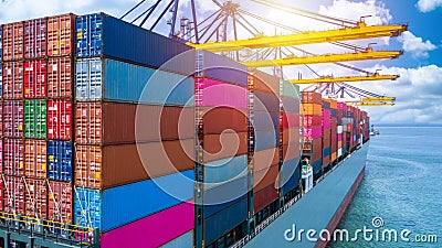 Container ship unloading in deep sea port, Global business logistic import export freight shipping transportation oversea Stock Photo