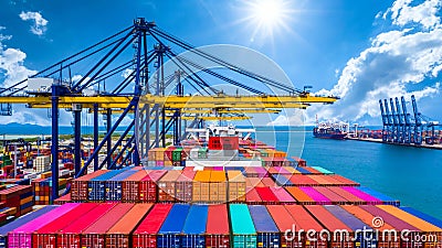 Container ship unloading in deep sea port, Global business logistic import export freight shipping transportation oversea Stock Photo