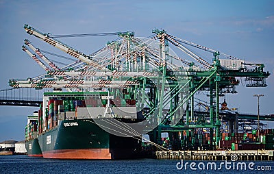 Container ships at a freight terminal in the Port of Los Angeles Editorial Stock Photo