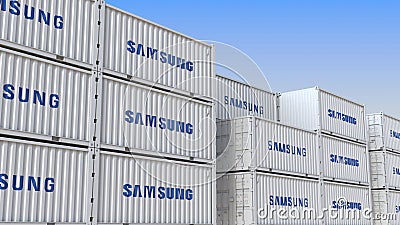 Container terminal full of containers with logo of Samsung. Shipment, export or import related editorial 3D rendering Editorial Stock Photo