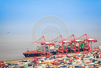 Container terminal with foreign trade background Stock Photo