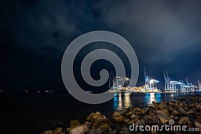 Container terminal in Northport at night Stock Photo