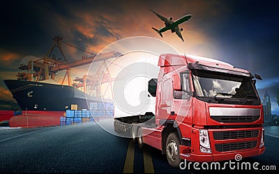 Container truck ,ship in port and freight cargo plane in transpo Stock Photo