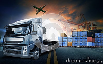 container truck ,ship in port and freight cargo plane in transport and import-export commercial logistic ,shipping business indus Stock Photo